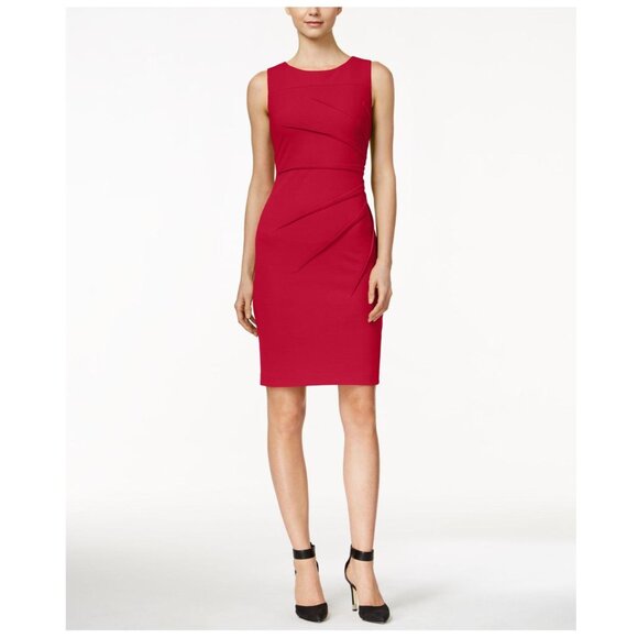 CALVIN KLEIN Petite Sunburst Sleeveless Scuba Crepe Sheath Dress - Picture 2 of 6